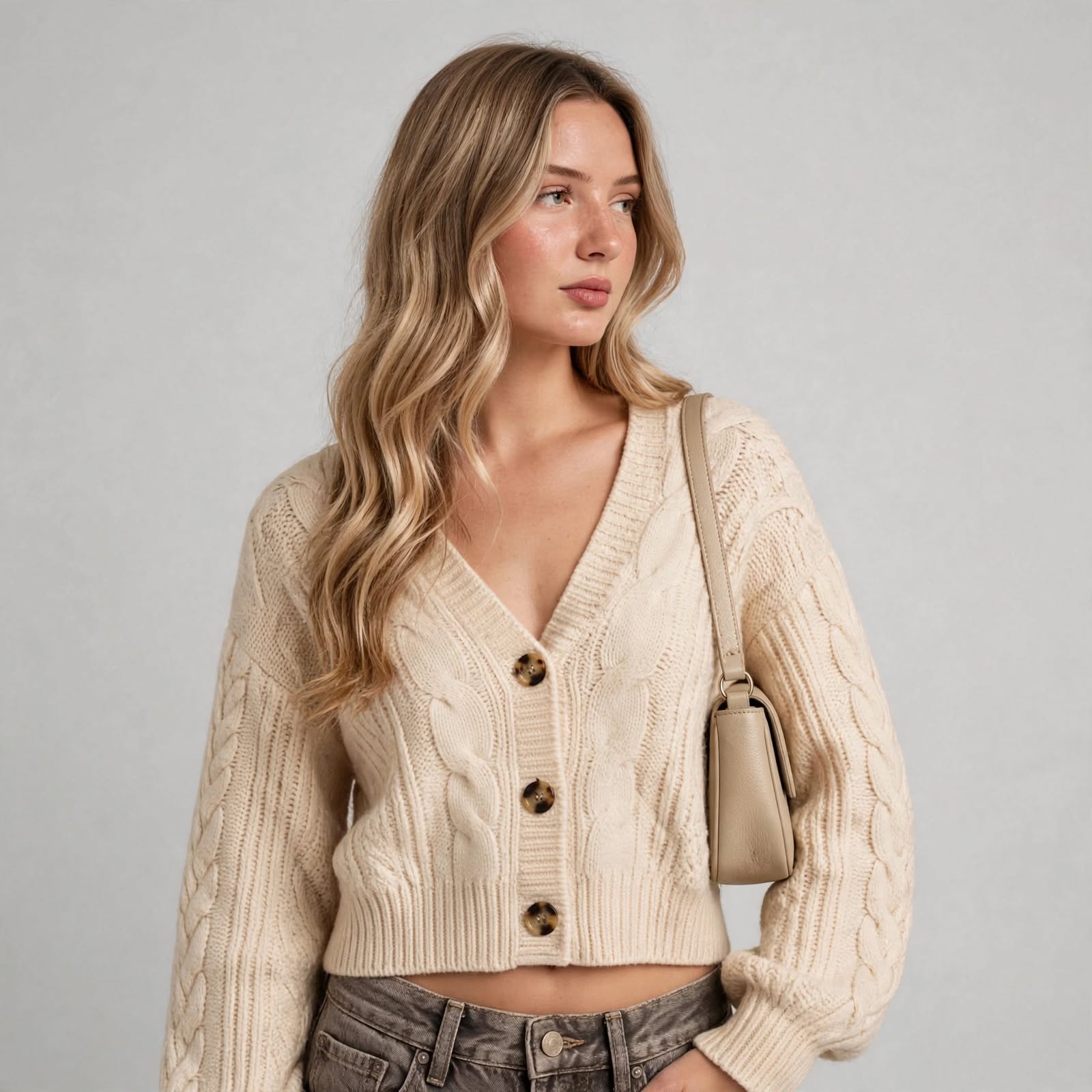 Look porté par une mannequine IA