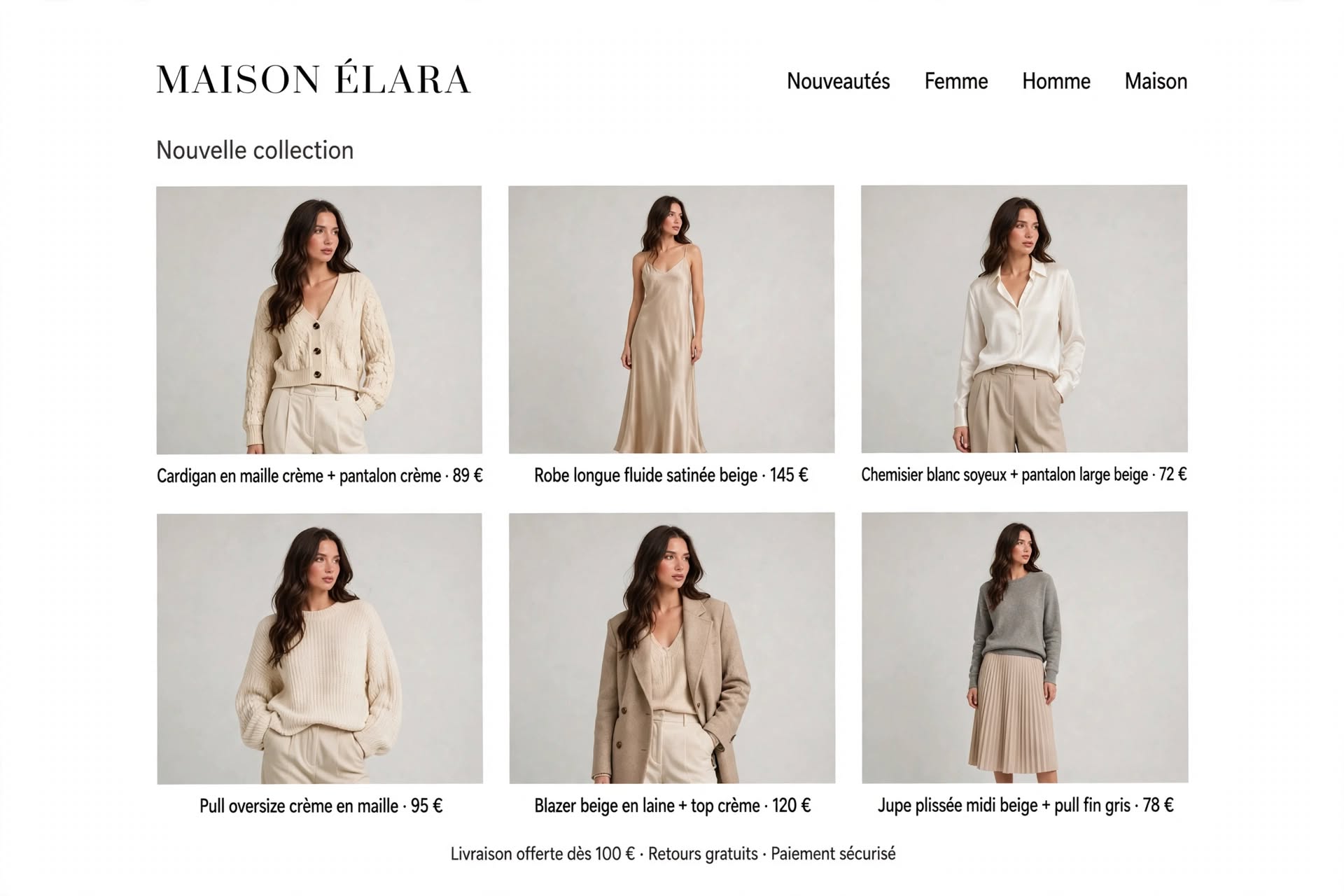 Page collection d'une boutique : six tenues portées par la même mannequine