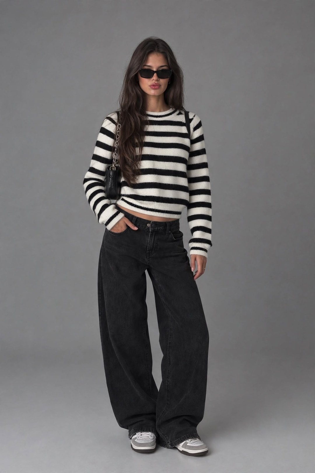 Mannequin portant le pull rayé, fond studio gris